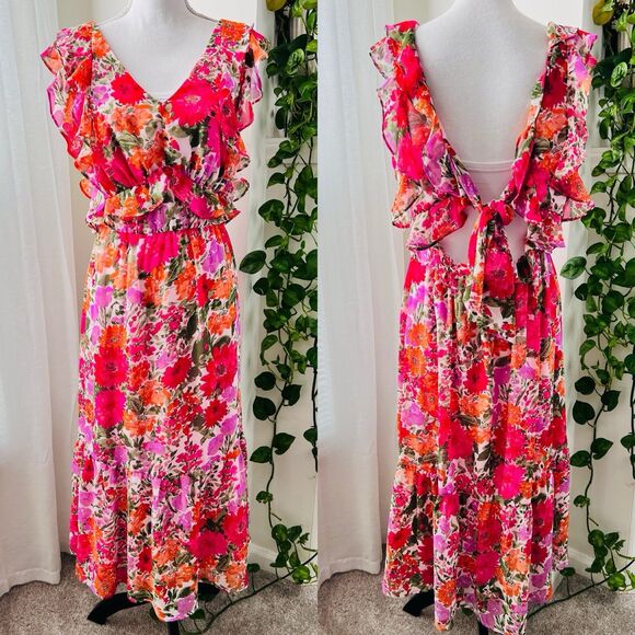 Lauren Conrad Hot Pink Floral Chiffon Ruffly Flowy Tiered Tie Back Maxi Dress Lg - Picture 1 of 10